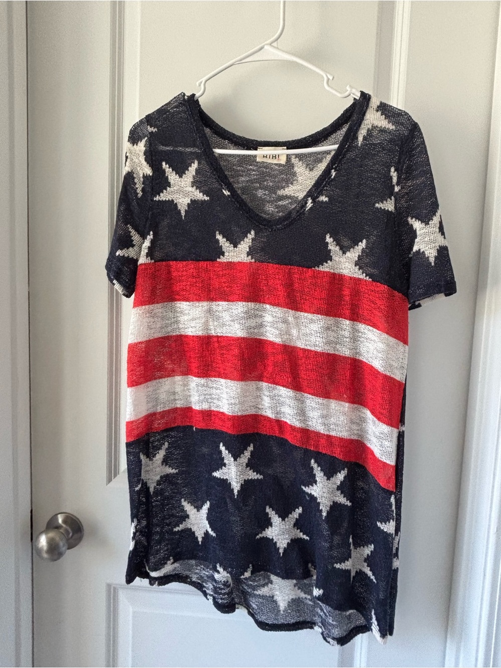 BiBi Short-Sleeve V-Neck Star & Stripe Top in Red, White & Blue